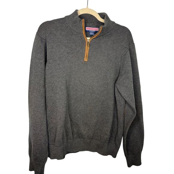 Vineyard Vines Cotton Wool Quarter Zip Sweater Men's Medium Leather Elbow Patch - Picture 1 of 7